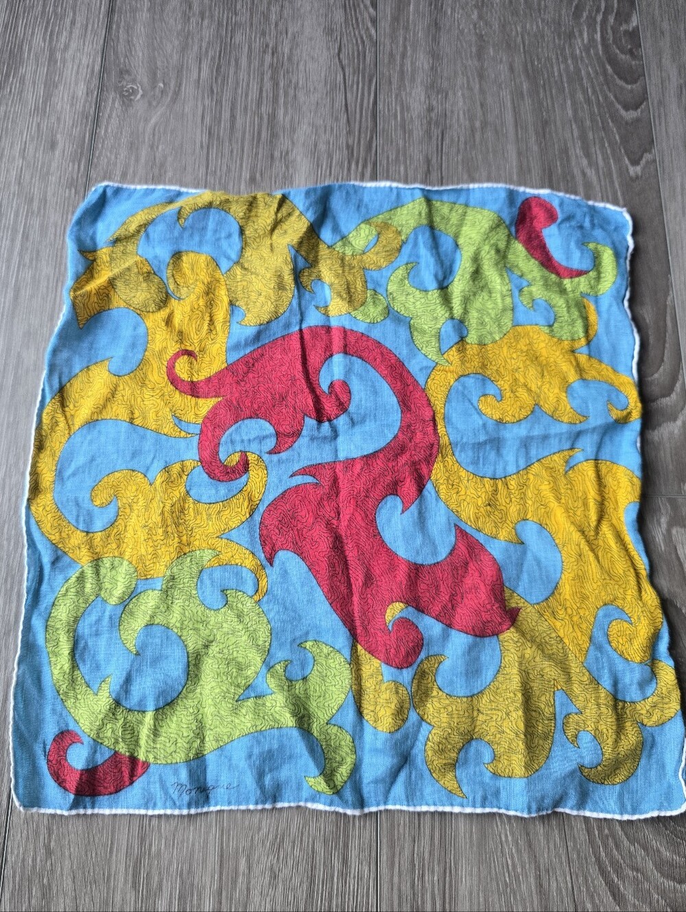 Square Scarf Neckerchief Abstract Baroque Swirl Blue Yellow Red Bandana 14"